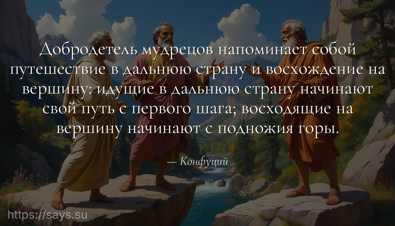 Добродетель мудрецов напоминает собой путешествие в дальнюю страну и восхождение на вершину: идущие в дальнюю страну начинают свой путь с первого шага; восходящие на вершину начинают с подножия горы.