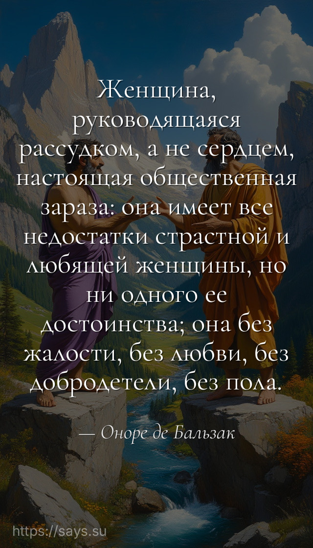 Женщина, руководящаяся рассудком, а не сердцем, настоящая общественная зараза: она имеет все недостатки страстной и любящей женщины, но ни одного ее достоинства; она без жалости, без любви, без добродетели, без пола.