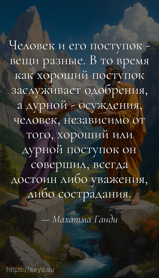 Человек и его поступок - вещи разные. В то время как хороший поступок заслуживает одобрения, а дурной - осуждения, человек, независимо от того, хороший или дурной поступок он совершил, всегда достоин либо уважения, либо cocтрадания.