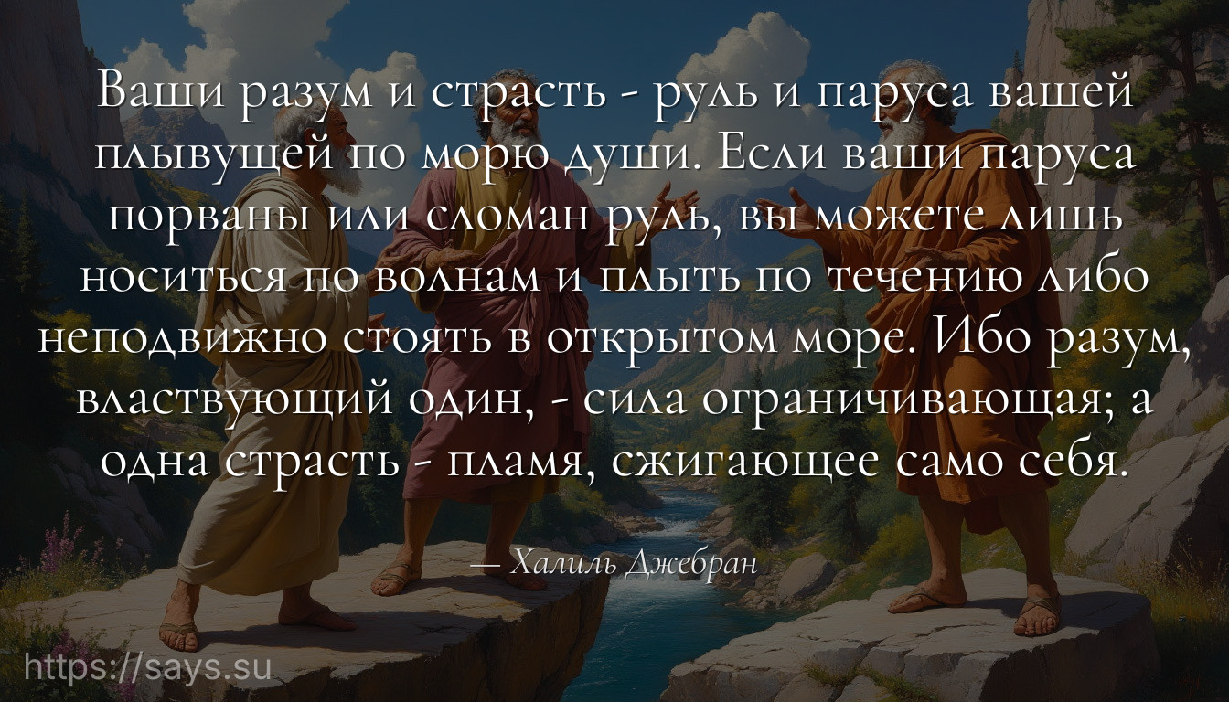 Ваши разум и страсть - руль и паруса вашей плывущей по морю души. Если ваши паруса порваны или сломан руль, вы можете лишь носиться по волнам и плыть по течению либо неподвижно стоять в открытом море. Ибо разум, властвующий один, - сила ограничивающая; а одна страсть - пламя, сжигающее само себя.
