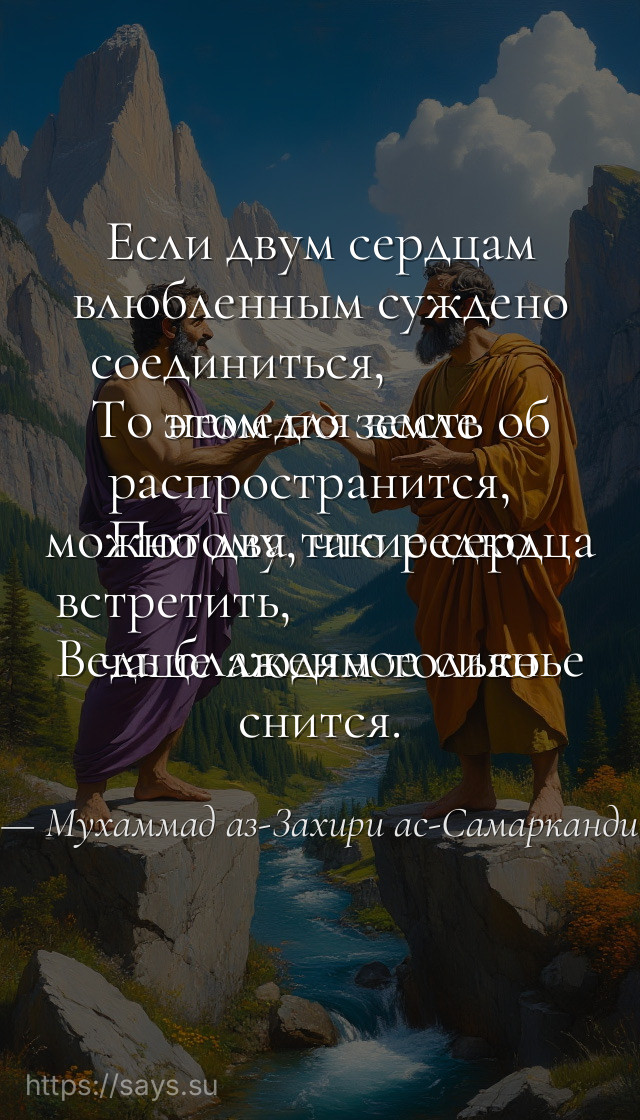 Если двум сердцам влюбленным суждено соединиться, <br />То немедля весть об этом по земле распространится, <br />Потому, что редко можно два такие сердца встретить, <br />Ведь блаженное сиянье чаще людям только снится.
