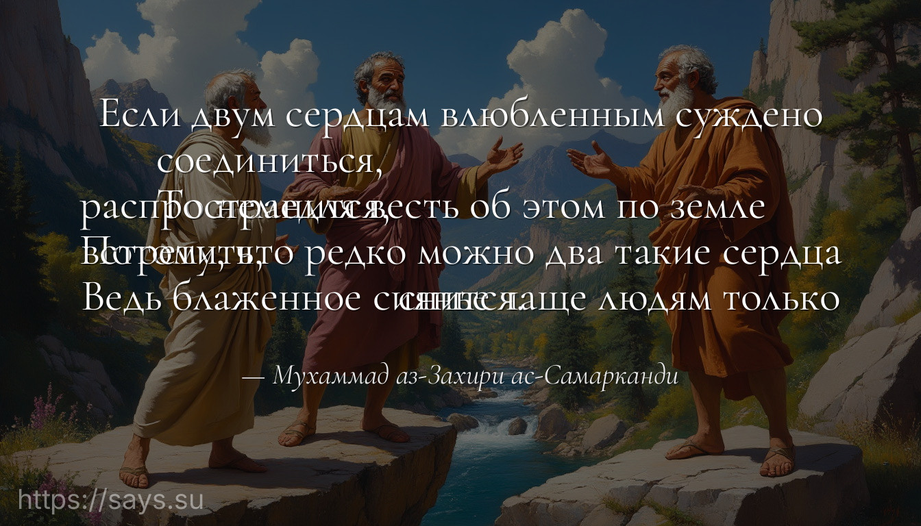 Если двум сердцам влюбленным суждено соединиться, <br />То немедля весть об этом по земле распространится, <br />Потому, что редко можно два такие сердца встретить, <br />Ведь блаженное сиянье чаще людям только снится.
