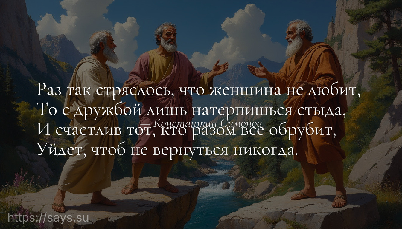 Раз так стряслось, что женщина не любит, <br />То с дружбой лишь натерпишься стыда, <br />И счастлив тот, кто разом все обрубит, <br />Уйдет, чтоб не вернуться никогда.