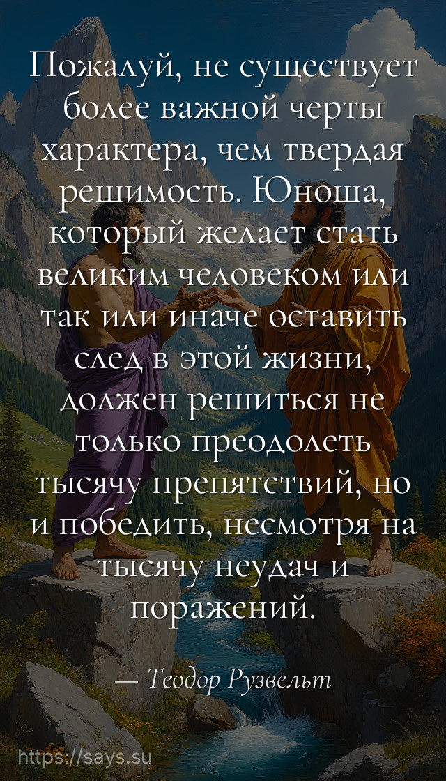 Пожалуй, не существует более важной черты характера, чем твердая решимость. Юноша, который желает стать великим человеком или так или иначе оставить след в этой жизни, должен решиться не только преодолеть тысячу препятствий, но и победить, несмотря на тысячу неудач и поражений.