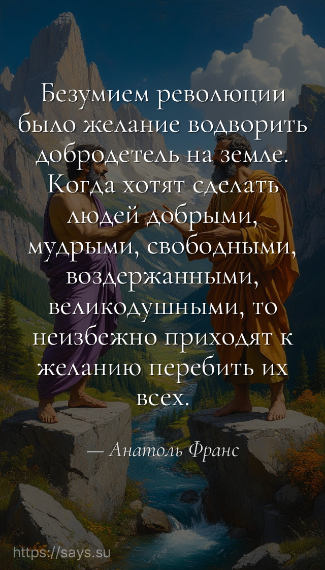 Безумием революции было желание водворить добродетель на земле. Когда хотят сделать людей добрыми, мудрыми, свободными, воздержанными, великодушными, то неизбежно приходят к желанию перебить их всех.