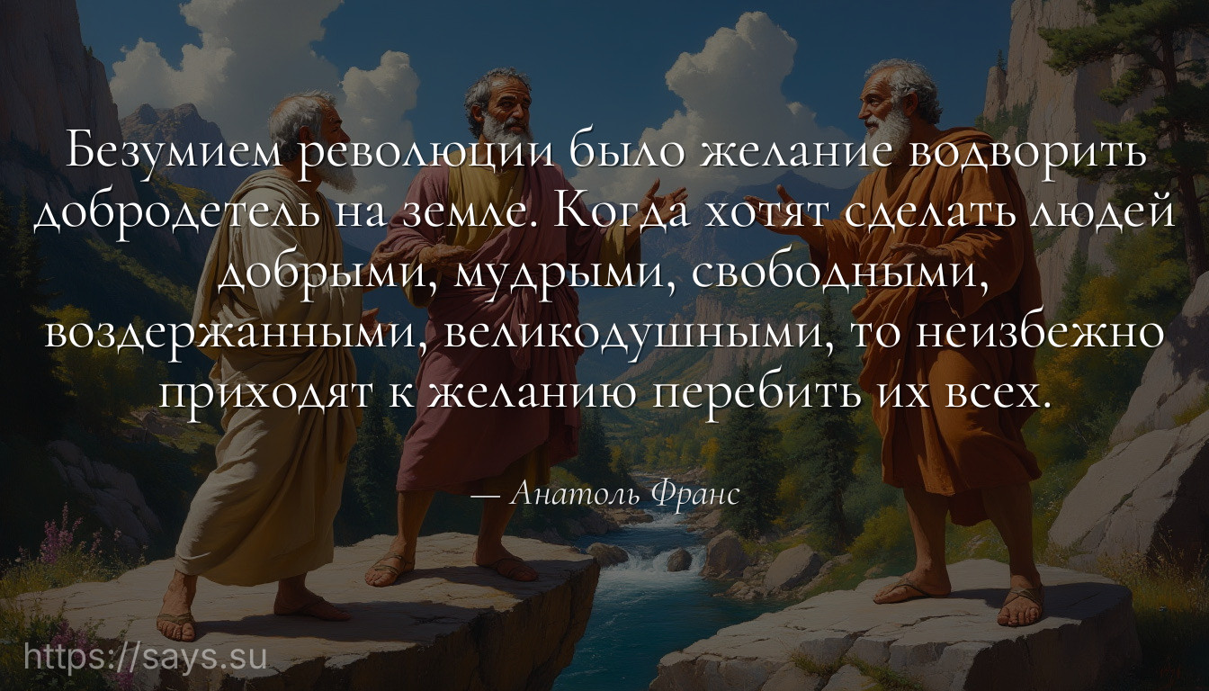 Безумием революции было желание водворить добродетель на земле. Когда хотят сделать людей добрыми, мудрыми, свободными, воздержанными, великодушными, то неизбежно приходят к желанию перебить их всех.