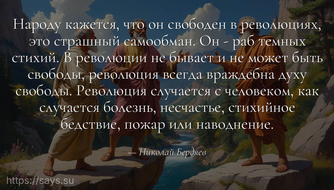 Народу кажется, что он свободен в революциях, это страшный самообман. Он - раб темных стихий. В революции не бывает и не может быть свободы, революция всегда враждебна духу свободы. Революция случается с человеком, как случается болезнь, несчастье, стихийное бедствие, пожар или наводнение.