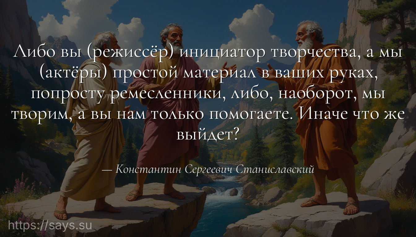 Либо вы (режиссёр) инициатор творчества, а мы (актёры) простой материал в ваших руках, попросту ремесленники, либо, наоборот, мы творим, а вы нам только помогаете. Иначе что же выйдет?