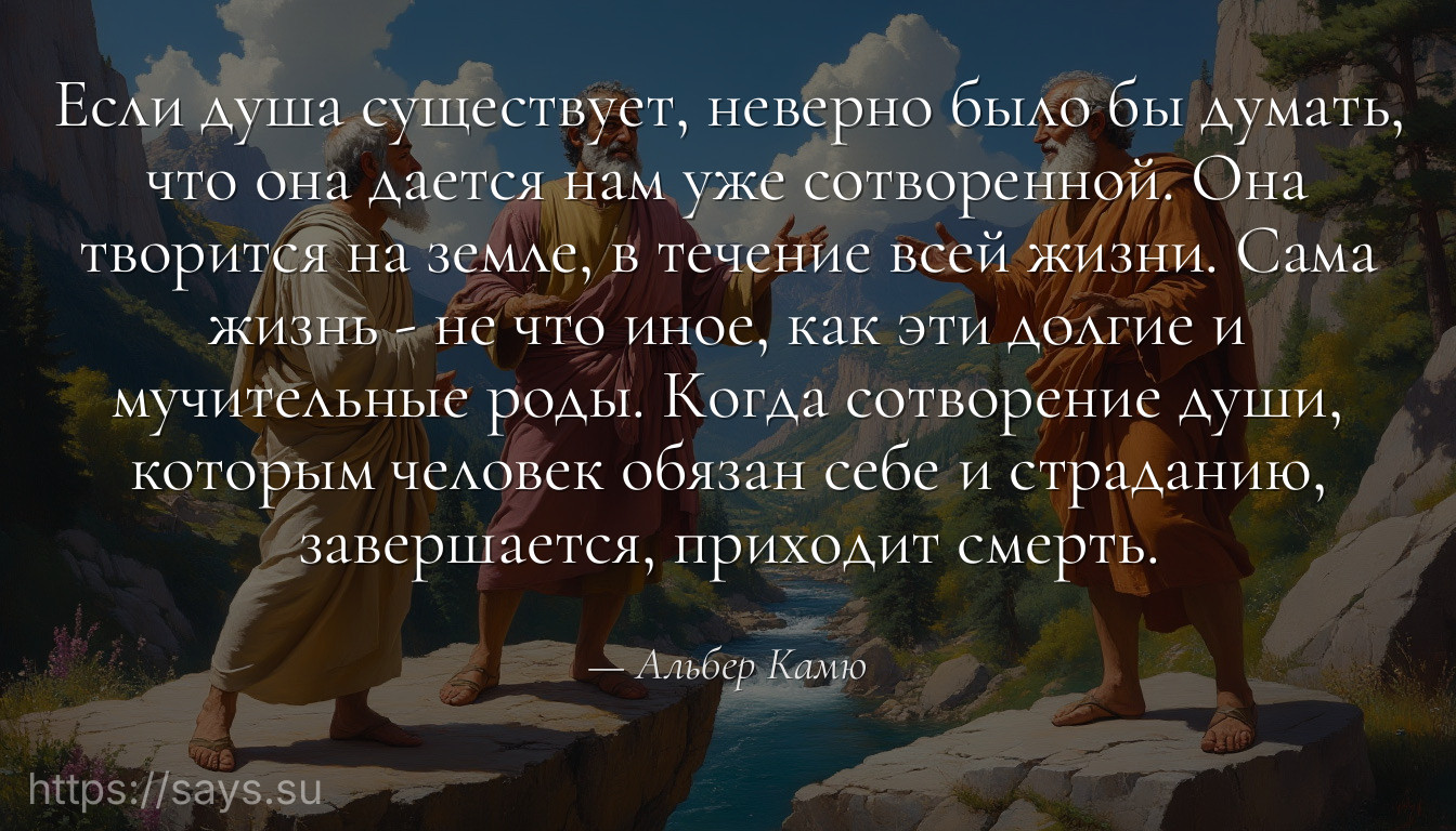 Если душа существует, неверно было бы думать, что она дается нам уже сотворенной. Она творится на земле, в течение всей жизни. Сама жизнь - не что иное, как эти долгие и мучительные роды. Когда сотворение души, которым человек обязан себе и страданию, завершается, приходит смерть.