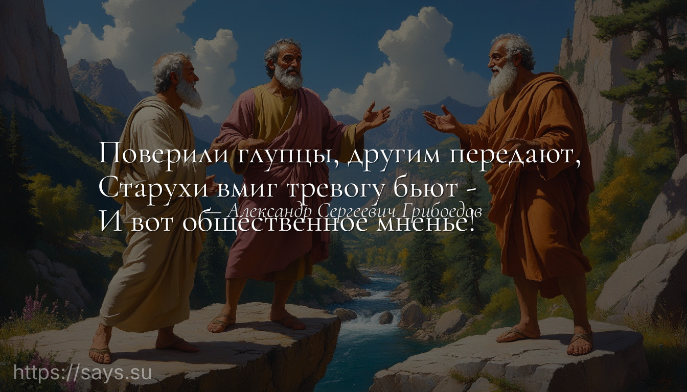 Поверили глупцы, другим передают, <br />Старухи вмиг тревогу бьют - <br />И вот общественное мненье!
