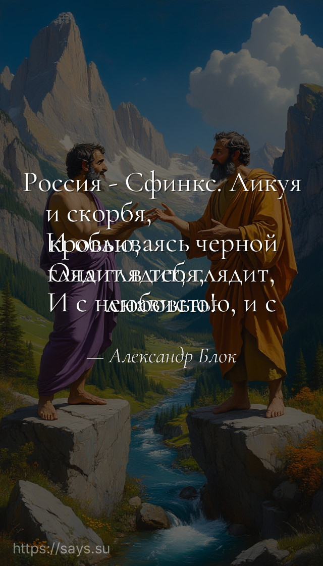 Россия - Сфинкс. Ликуя и скорбя, <br />И обливаясь черной кровью, <br />Она глядит, глядит, глядит в тебя, <br />И с ненавистью, и с любовью!