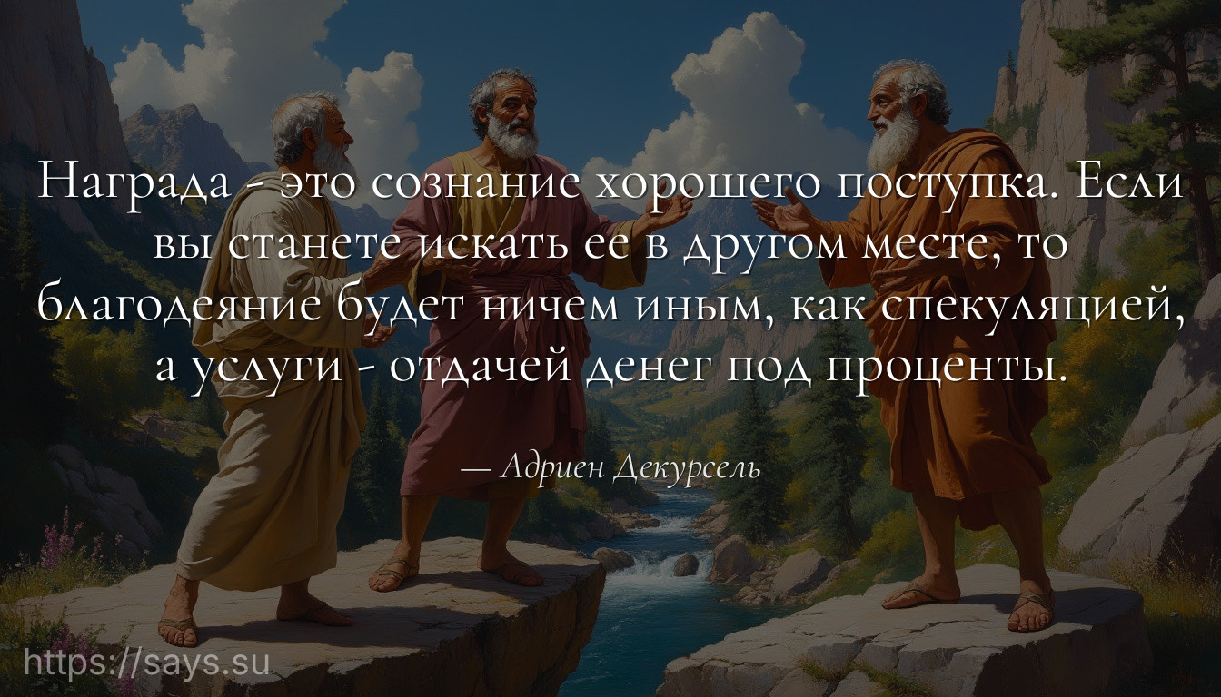 Награда - это сознание хорошего поступка. Если вы станете искать ее в другом месте, то благодеяние будет ничем иным, как спекуляцией, а услуги - отдачей денег под проценты.