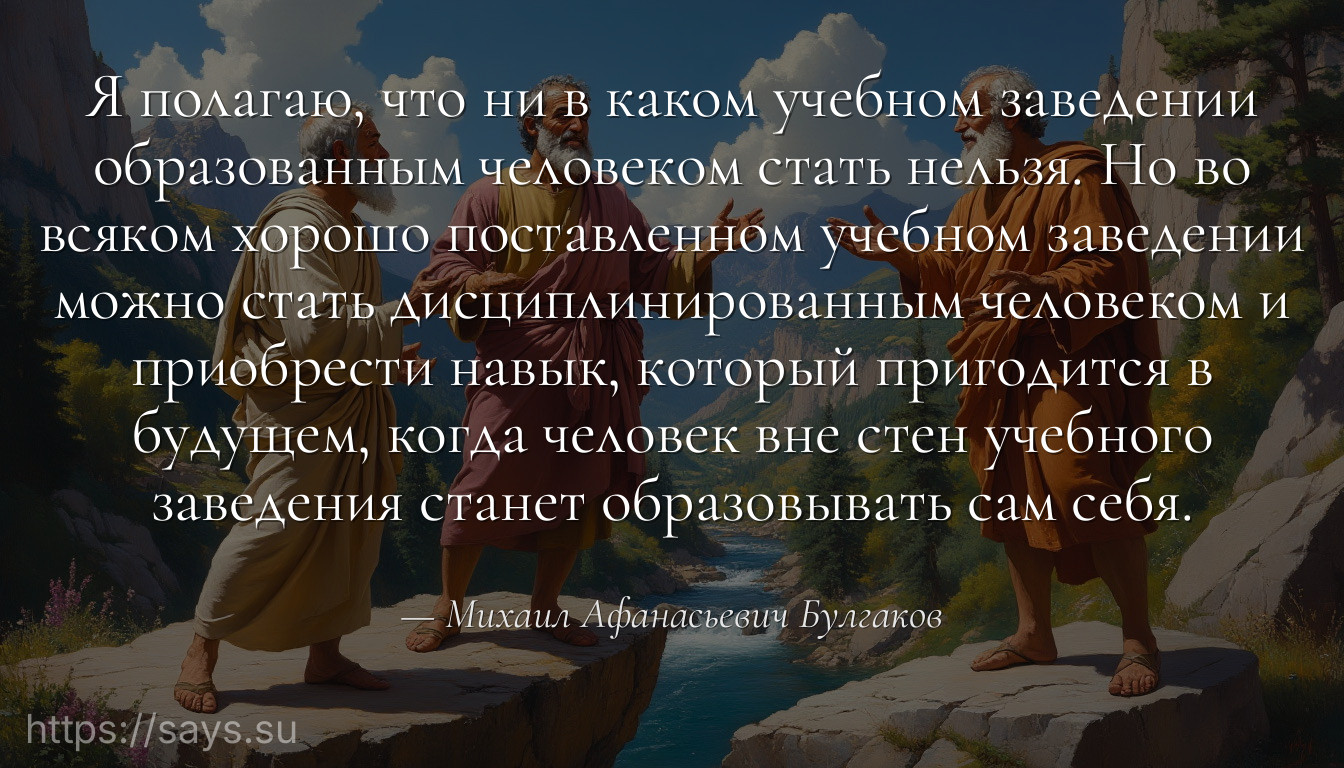 Я полагаю, что ни в каком учебном заведении образованным человеком стать нельзя. Но во всяком хорошо поставленном учебном заведении можно стать дисциплинированным человеком и приобрести навык, который пригодится в будущем, когда человек вне стен учебного заведения станет образовывать сам себя.
