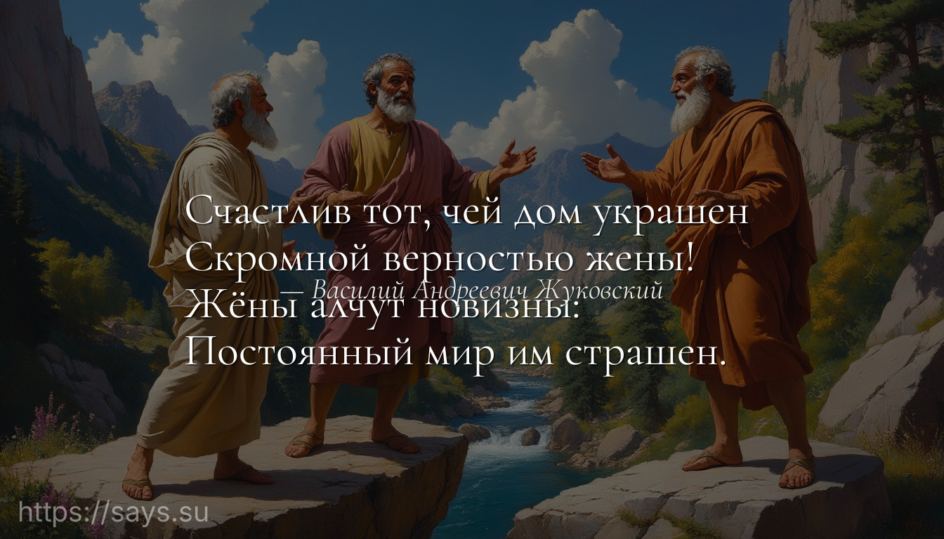 Счастлив тот, чей дом украшен <br />Скромной верностью жены! <br />Жёны алчут новизны: <br />Постоянный мир им страшен.