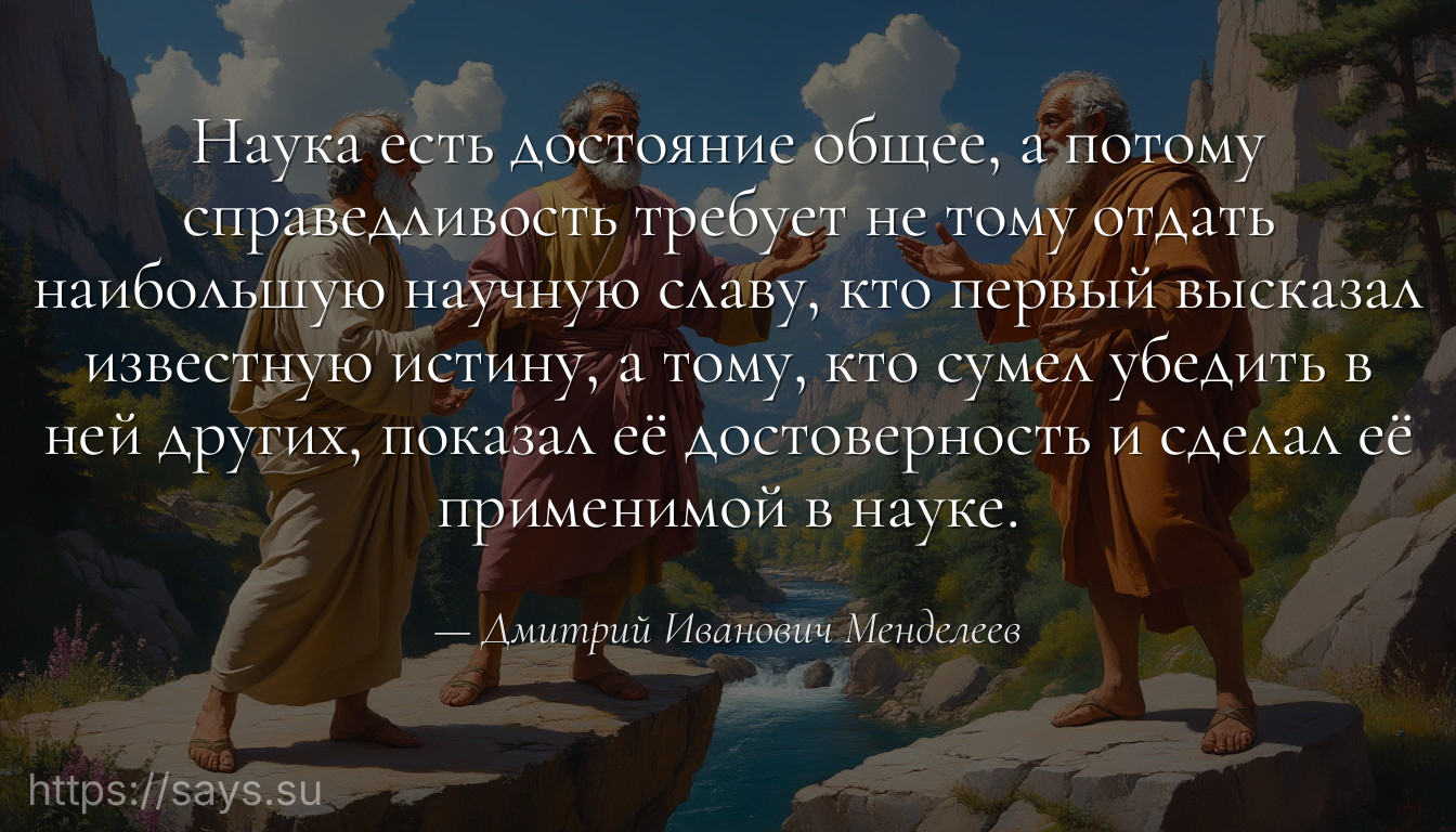 Наука есть достояние общее, а потому справедливость требует не тому отдать наибольшую научную славу, кто первый высказал известную истину, а тому, кто сумел убедить в ней других, показал её достоверность и сделал её применимой в науке.
