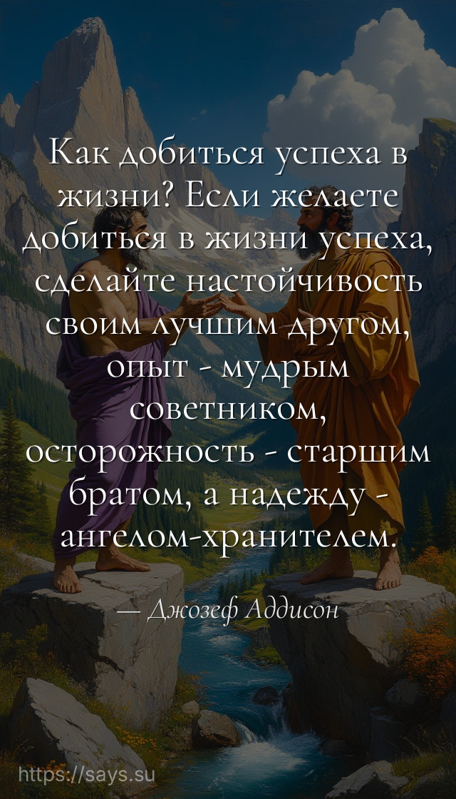 Как добиться успеха в жизни? Если желаете добиться в жизни успеха, сделайте настойчивость своим лучшим другом, опыт - мудрым советником, осторожность - старшим братом, а надежду - ангелом-хранителем.