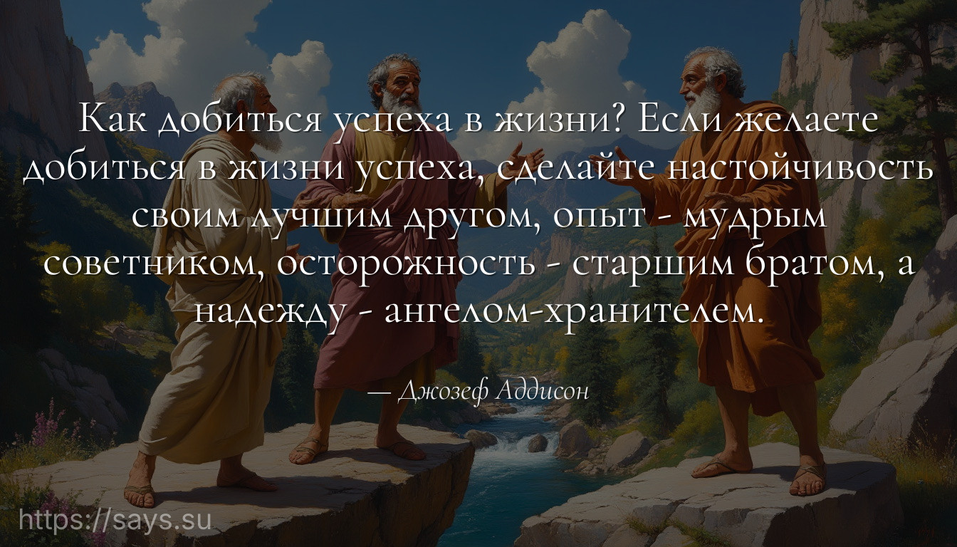 Как добиться успеха в жизни? Если желаете добиться в жизни успеха, сделайте настойчивость своим лучшим другом, опыт - мудрым советником, осторожность - старшим братом, а надежду - ангелом-хранителем.