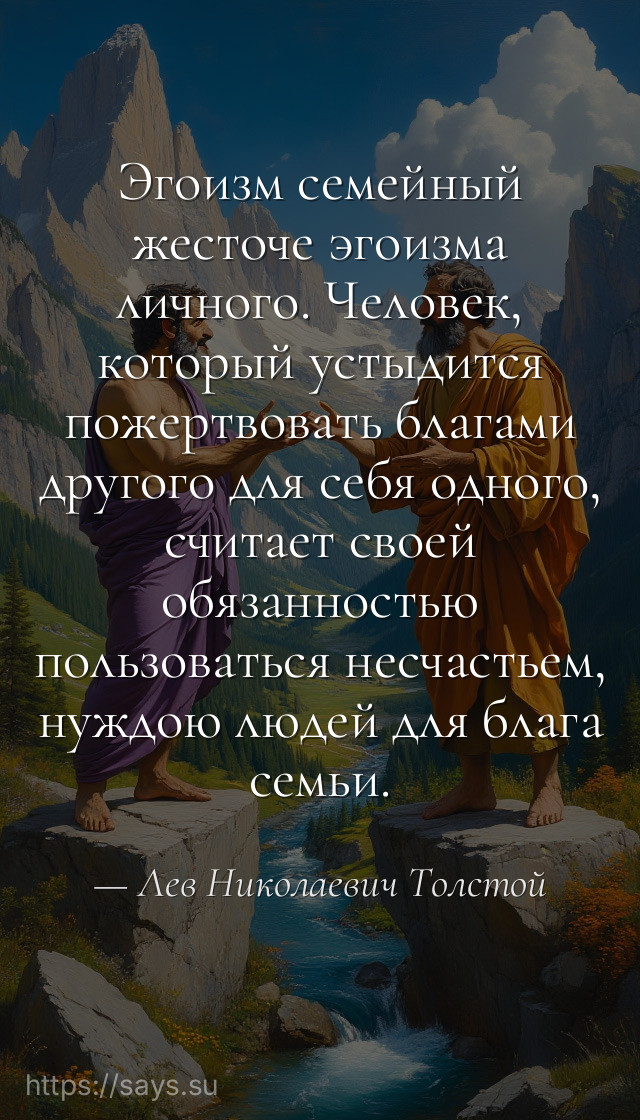 Эгоизм семейный жесточе эгоизма личного. Человек, который устыдится пожертвовать благами другого для себя одного, считает своей обязанностью пользоваться несчастьем, нуждою людей для блага семьи.
