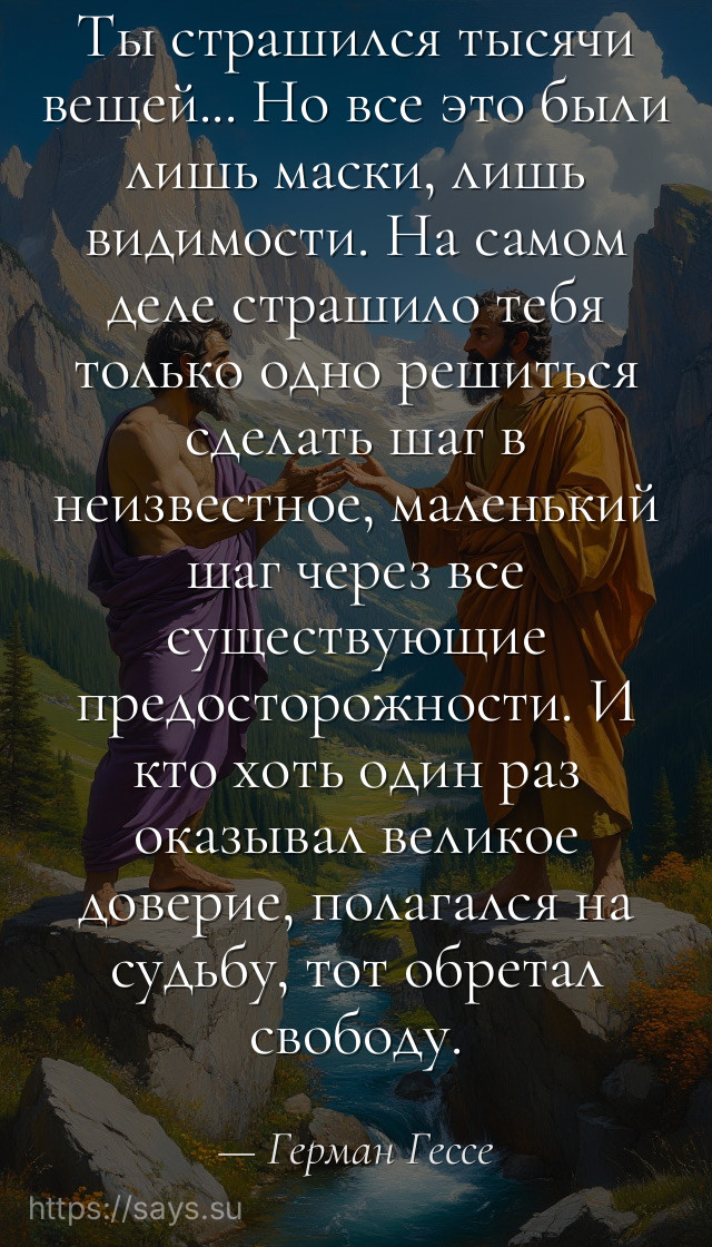 Ты страшился тысячи вещей... Но все это были лишь маски, лишь видимости. На самом деле страшило тебя только одно решиться сделать шаг в неизвестное, маленький шаг через все существующие предосторожности. И кто хоть один раз оказывал великое доверие, полагался на судьбу, тот обретал свободу.