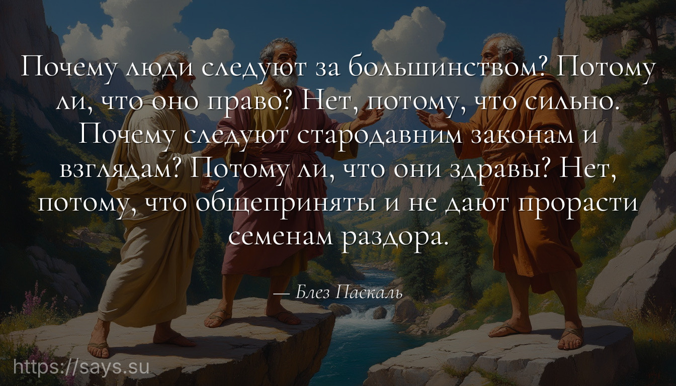 Почему люди следуют за большинством? Потому ли, что оно право? Нет, потому, что сильно. Почему следуют стародавним законам и взглядам? Потому ли, что они здравы? Нет, потому, что общеприняты и не дают прорасти семенам раздора.
