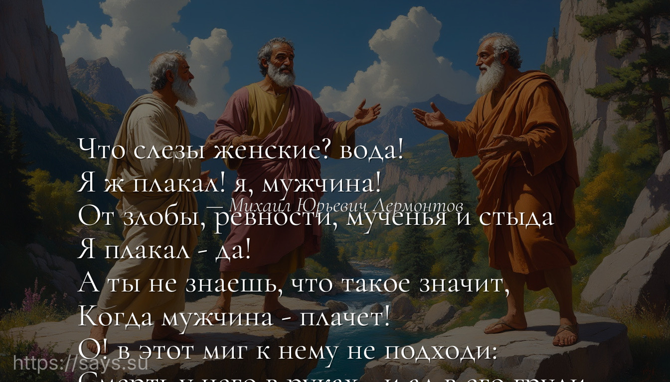Что слезы женские? вода!<br />Я ж плакал! я, мужчина!<br />От злобы, ревности, мученья и стыда<br />Я плакал - да!<br />А ты не знаешь, что такое значит,<br />Когда мужчина - плачет!<br />О! в этот миг к нему не подходи:<br />Смерть у него в руках - и ад в его груди.