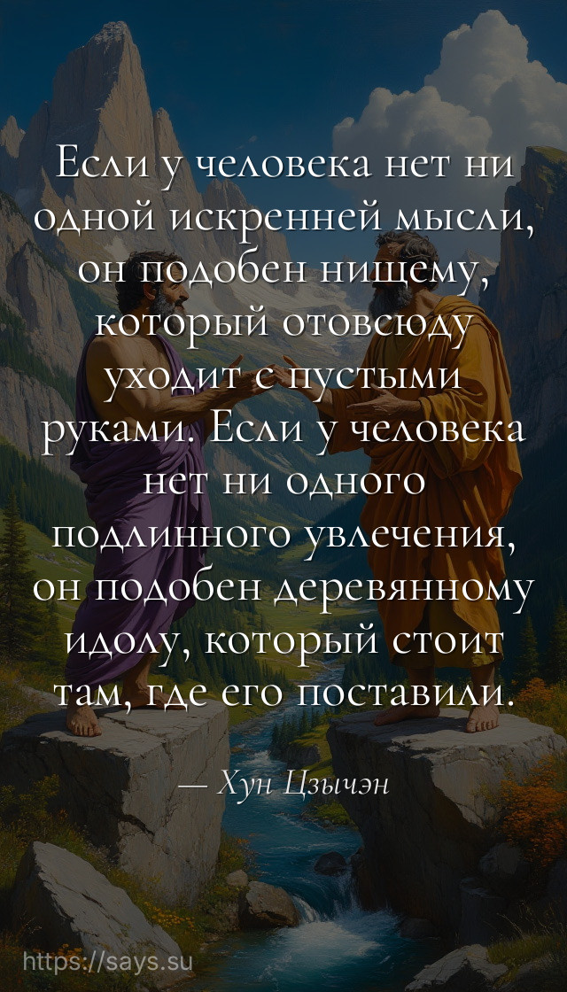 Если у человека нет ни одной искренней мысли, он подобен нищему, который отовсюду уходит с пустыми руками. Если у человека нет ни одного подлинного увлечения, он подобен деревянному идолу, который стоит там, где его поставили.
