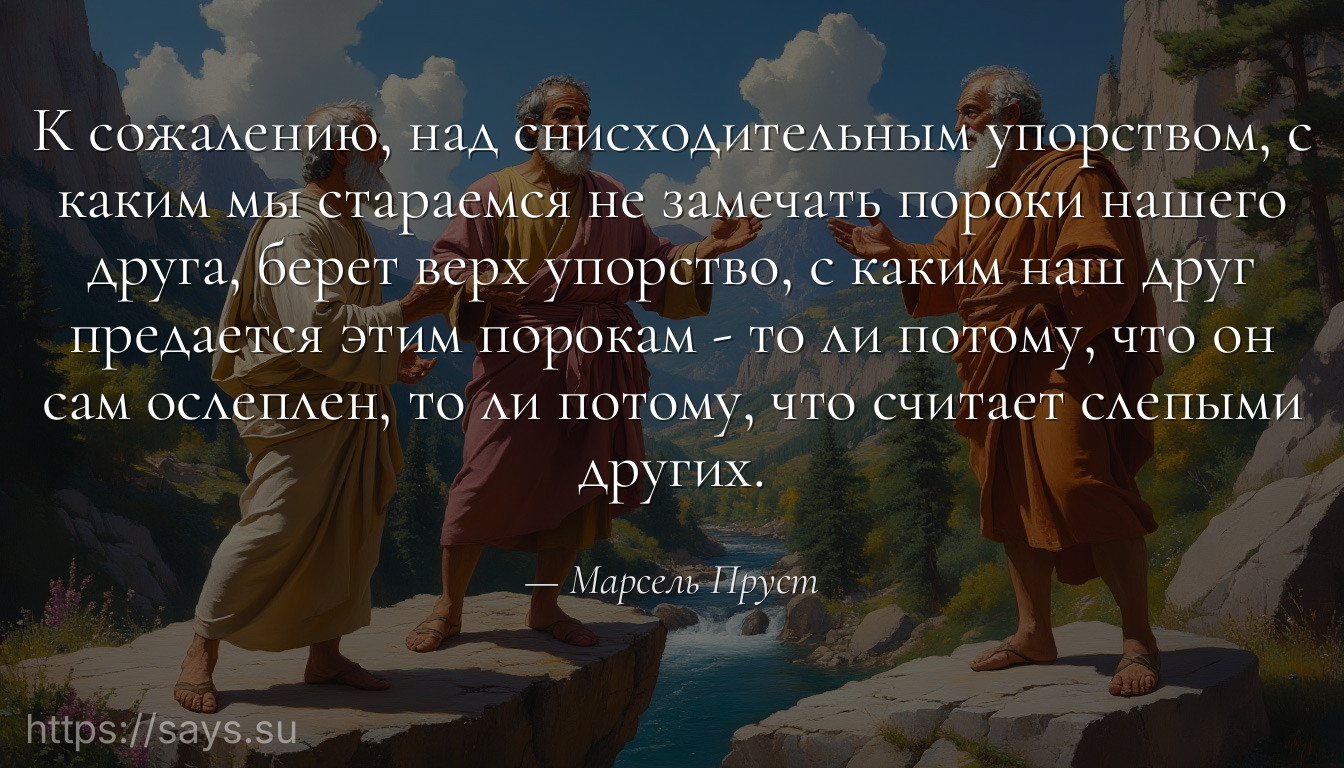 К сожалению, над снисходительным упорством, с каким мы стараемся не замечать пороки нашего друга, берет верх упорство, с каким наш друг предается этим порокам - то ли потому, что он сам ослеплен, то ли потому, что считает слепыми других.