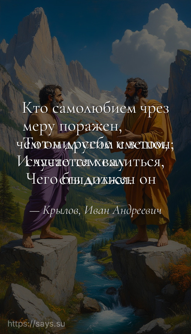Кто самолюбием чрез меру поражен,<br />Тот мил себе и в том, чем он другим смешон;<br />И часто тем ему случается хвалиться,<br />Чего бы должен он стыдиться.