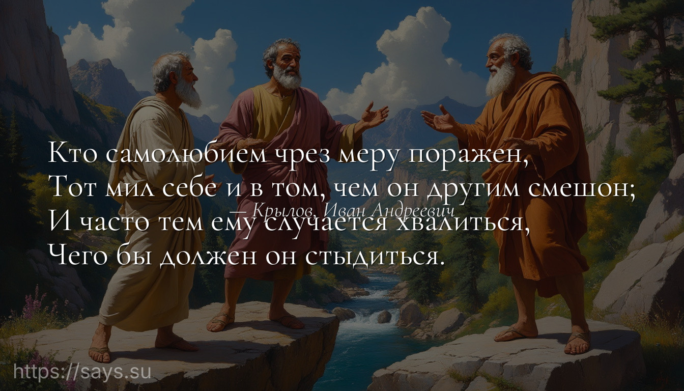 Кто самолюбием чрез меру поражен,<br />Тот мил себе и в том, чем он другим смешон;<br />И часто тем ему случается хвалиться,<br />Чего бы должен он стыдиться.