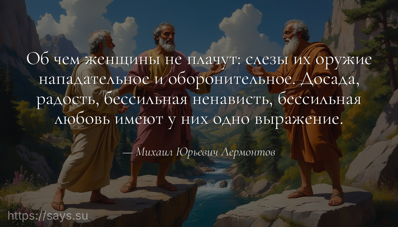 Об чем женщины не плачут: слезы их оружие нападательное и оборонительное. Досада, радость, бессильная ненависть, бессильная любовь имеют у них одно выражение.