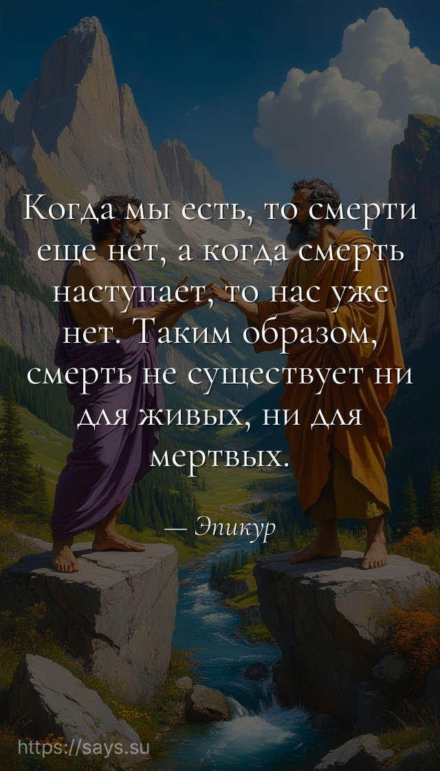 Когда мы есть, то смерти еще нет, а когда смерть наступает, то нас уже нет. Таким образом, смерть не существует ни для живых, ни для мертвых.