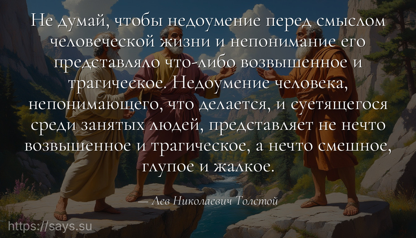 Не думай, чтобы недоумение перед смыслом человеческой жизни и непонимание его представляло что-либо возвышенное и трагическое. Недоумение человека, непонимающего, что делается, и суетящегося среди занятых людей, представляет не нечто возвышенное и трагическое, а нечто смешное, глупое и жалкое.