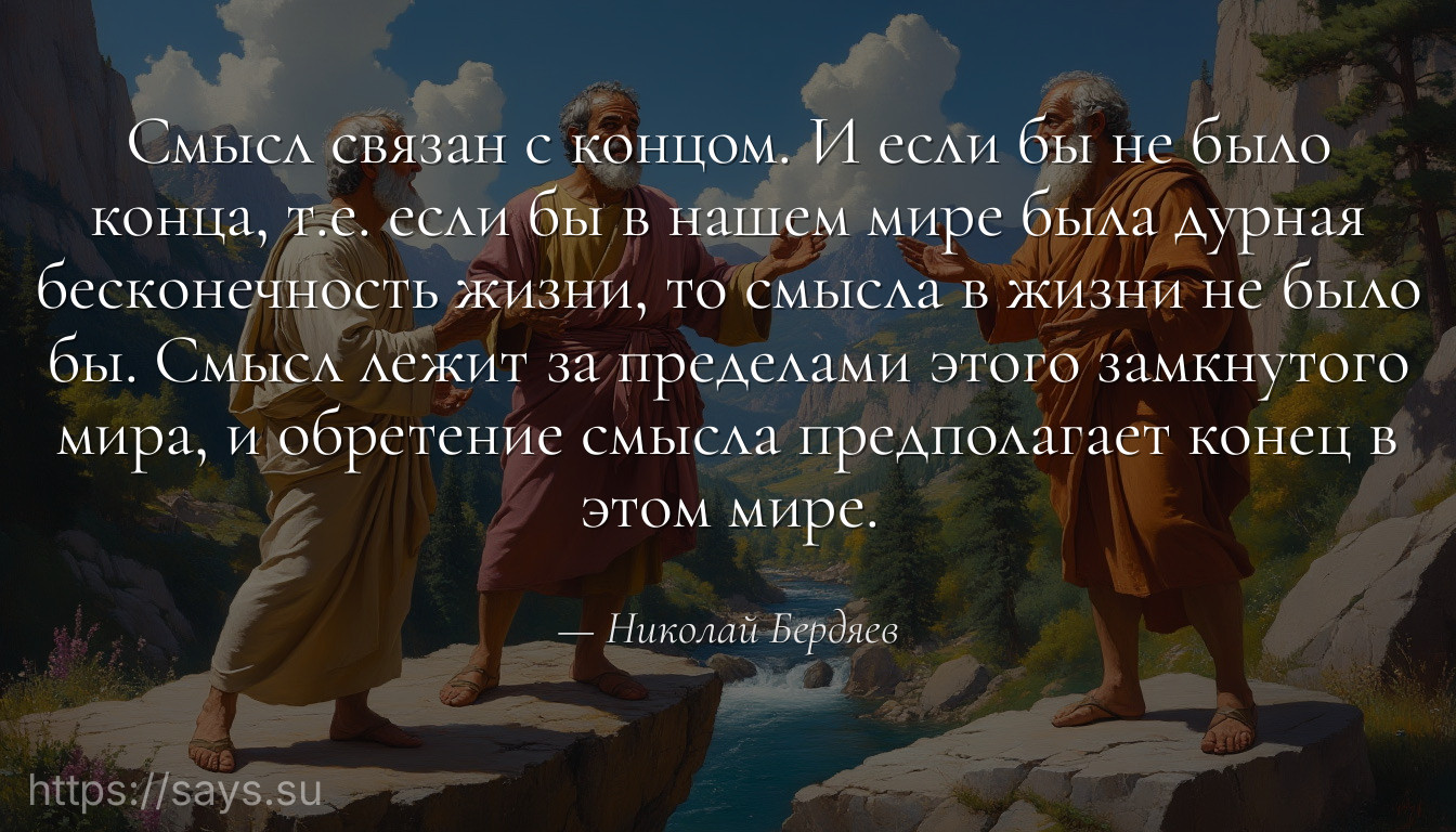 Смысл связан с концом. И если бы не было конца, т.е. если бы в нашем мире была дурная бесконечность жизни, то смысла в жизни не было бы. Смысл лежит за пределами этого замкнутого мира, и обретение смысла предполагает конец в этом мире.