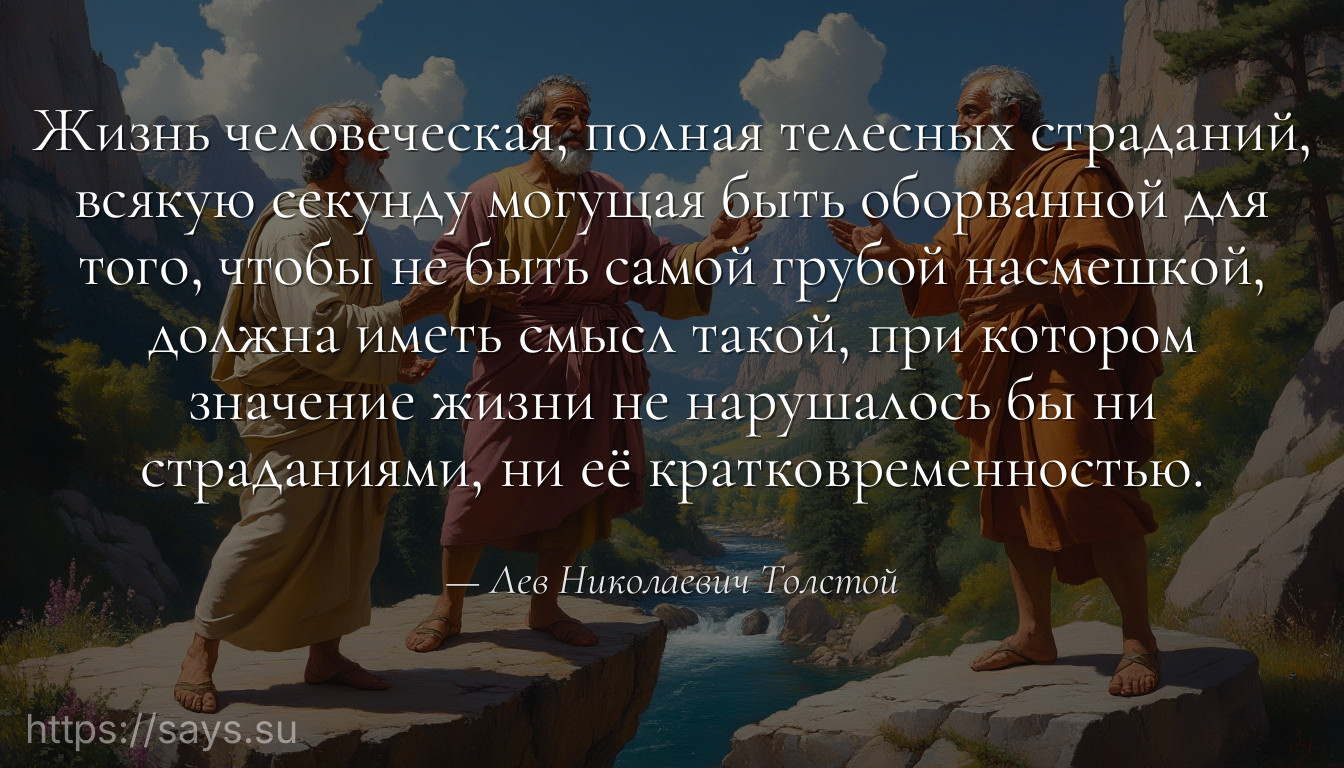 Жизнь человеческая, полная телесных страданий, всякую секунду могущая быть оборванной для того, чтобы не быть самой грубой насмешкой, должна иметь смысл такой, при котором значение жизни не нарушалось бы ни страданиями, ни её кратковременностью.