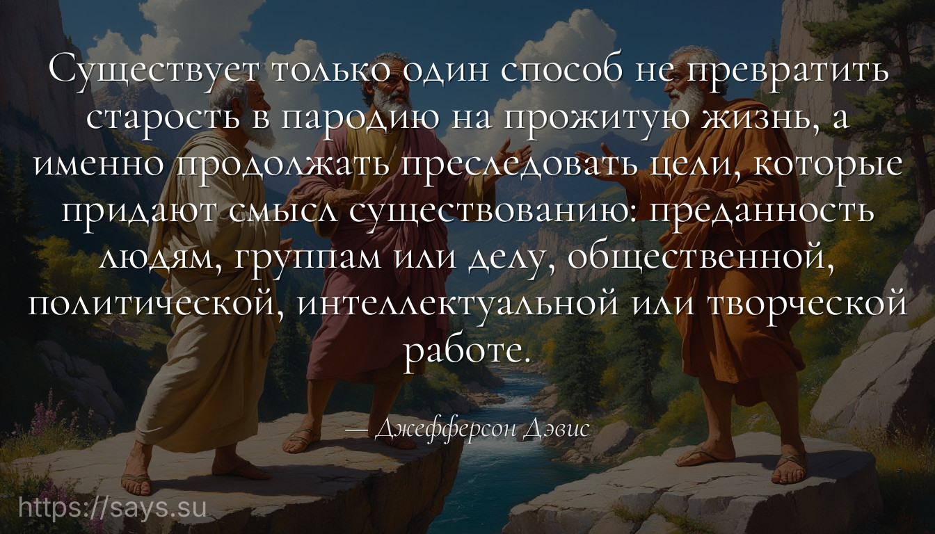 Существует только один способ не превратить старость в пародию на прожитую жизнь, а именно продолжать преследовать цели, которые придают смысл существованию: преданность людям, группам или делу, общественной, политической, интеллектуальной или творческой работе.
