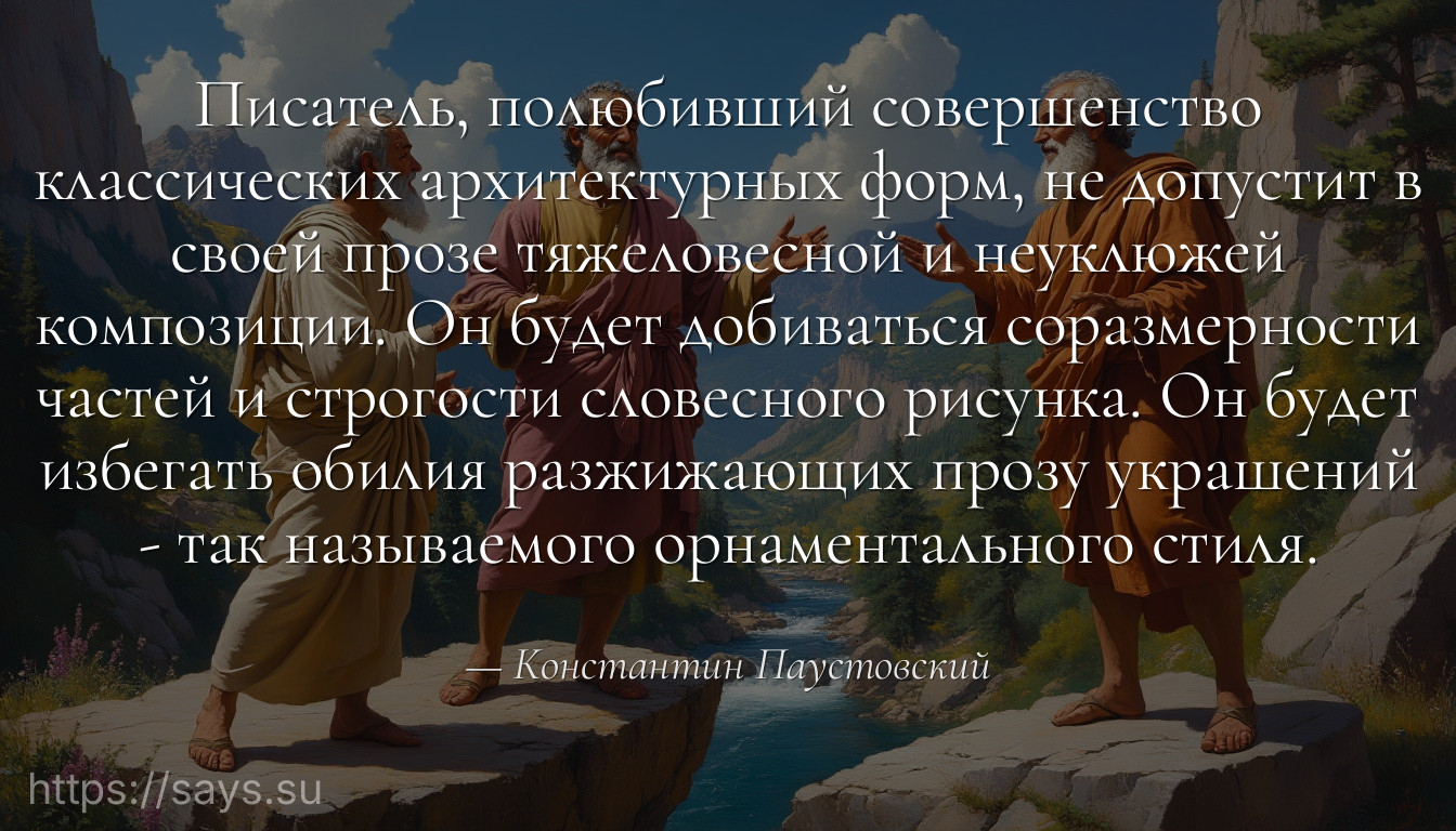 Писатель, полюбивший совершенство классических архитектурных форм, не допустит в своей прозе тяжеловесной и неуклюжей композиции. Он будет добиваться соразмерности частей и строгости словесного рисунка. Он будет избегать обилия разжижающих прозу украшений - так называемого орнаментального стиля.