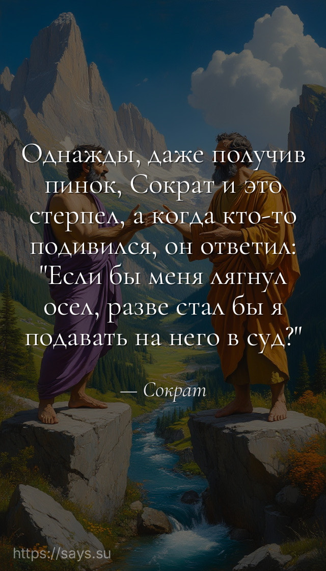 Однажды, даже получив пинок, Сократ и это стерпел, а когда кто-то подивился, он ответил: "Если бы меня лягнул осел, разве стал бы я подавать на него в суд?"