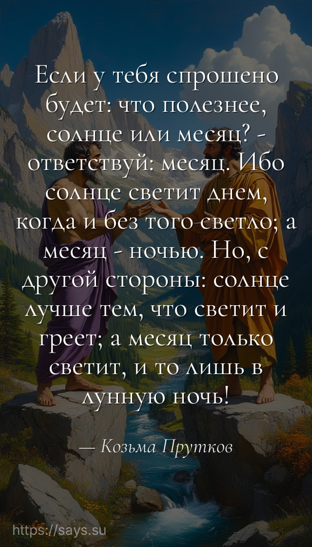 Если у тебя спрошено будет: что полезнее, солнце или месяц? - ответствуй: месяц. Ибо солнце светит днем, когда и без того светло; а месяц - ночью. Но, с другой стороны: солнце лучше тем, что светит и греет; а месяц только светит, и то лишь в лунную ночь!