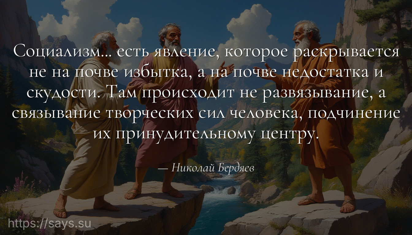 Социализм... есть явление, которое раскрывается не на почве избытка, а на почве недостатка и скудости. Там происходит не развязывание, а связывание творческих сил человека, подчинение их принудительному центру.