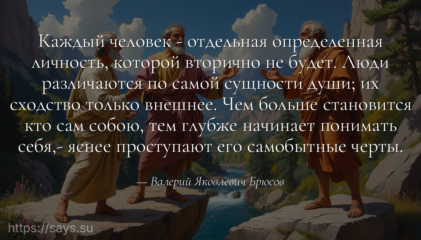 Каждый человек - отдельная определенная личность, которой вторично не будет. Люди различаются по самой сущности души; их сходство только внешнее. Чем больше становится кто сам собою, тем глубже начинает понимать себя,- яснее проступают его самобытные черты.