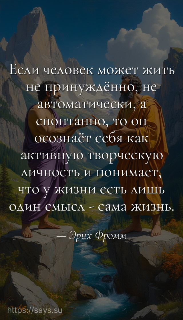Если человек может жить не принуждённо, не автоматически, а спонтанно, то он осознаёт себя как активную творческую личность и понимает, что у жизни есть лишь один смысл - сама жизнь.