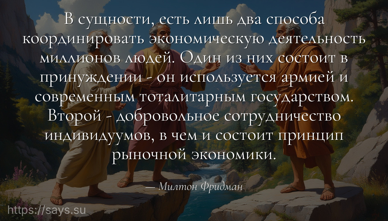 В сущности, есть лишь два способа координировать экономическую деятельность миллионов людей. Один из них состоит в принуждении - он используется армией и современным тоталитарным государством. Второй - добровольное сотрудничество индивидуумов, в чем и состоит принцип рыночной экономики.