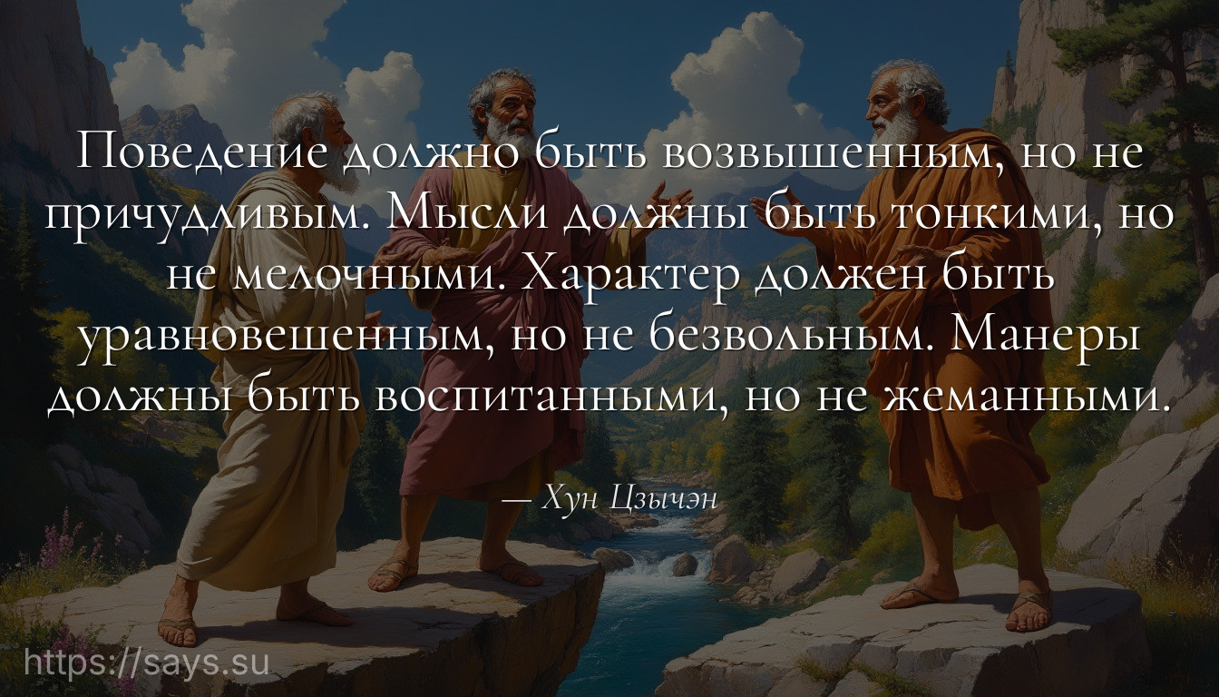 Поведение должно быть возвышенным, но не причудливым. Мысли должны быть тонкими, но не мелочными. Характер должен быть уравновешенным, но не безвольным. Манеры должны быть воспитанными, но не жеманными.