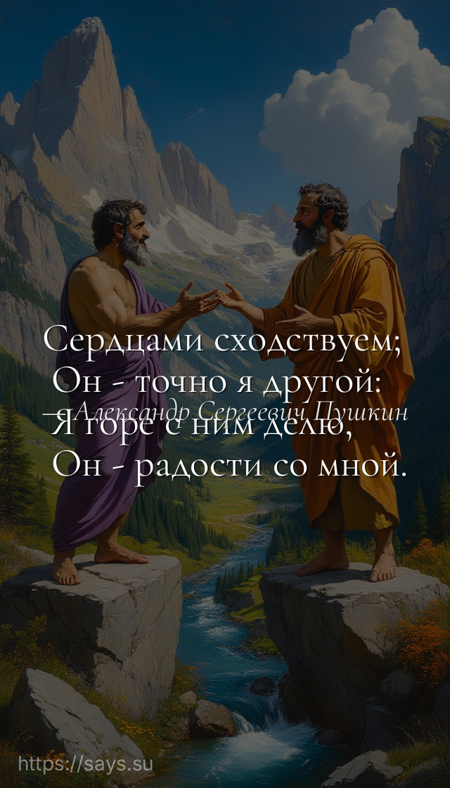 Сердцами сходствуем;<br /> Он - точно я другой:<br /> Я горе с ним делю,<br /> Он - радости со мной.