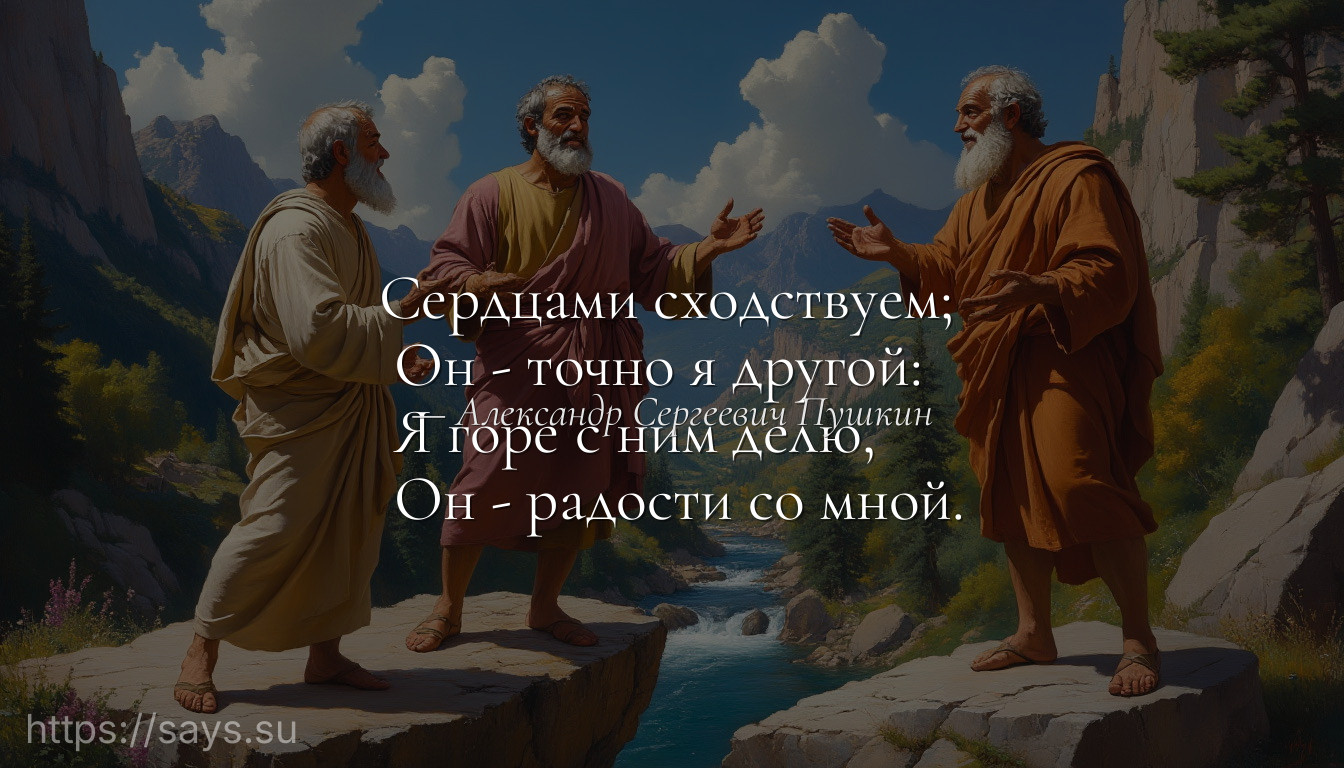 Сердцами сходствуем;<br /> Он - точно я другой:<br /> Я горе с ним делю,<br /> Он - радости со мной.