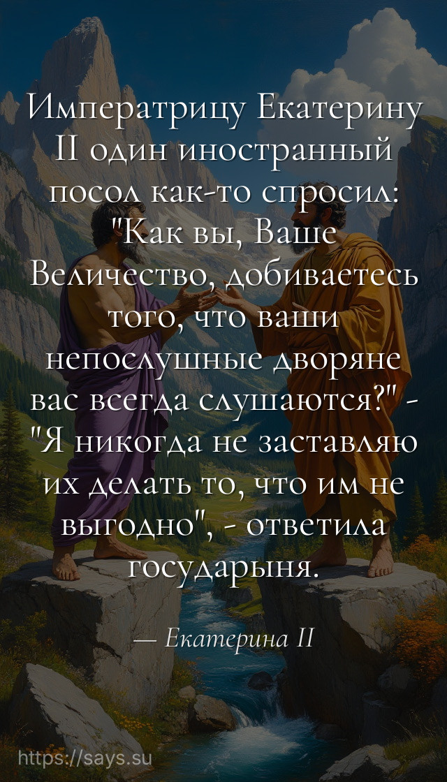 Императрицу Екатерину II один иностранный посол как-то спросил: "Как вы, Ваше Величество, добиваетесь того, что ваши непослушные дворяне вас всегда слушаются?" - "Я никогда не заставляю их делать то, что им не выгодно", - ответила государыня.