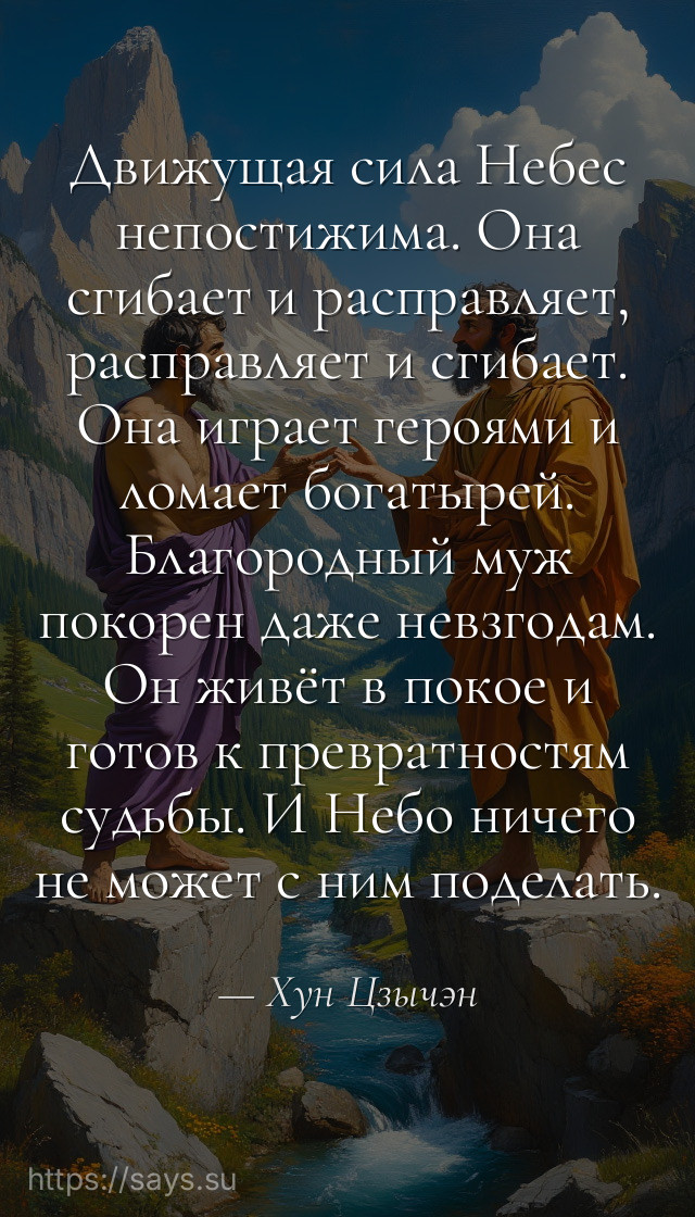 Движущая сила Небес непостижима. Она сгибает и расправляет, расправляет и сгибает. Она играет героями и ломает богатырей. Благородный муж покорен даже невзгодам. Он живёт в покое и готов к превратностям судьбы. И Небо ничего не может с ним поделать.