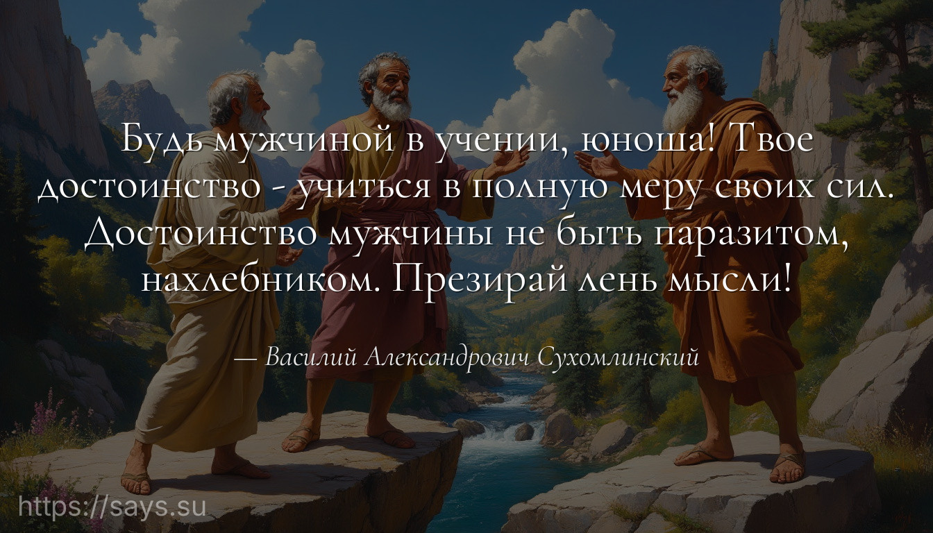 Будь мужчиной в учении, юноша! Твое достоинство - учиться в полную меру своих сил. Достоинство мужчины не быть паразитом, нахлебником. Презирай лень мысли!