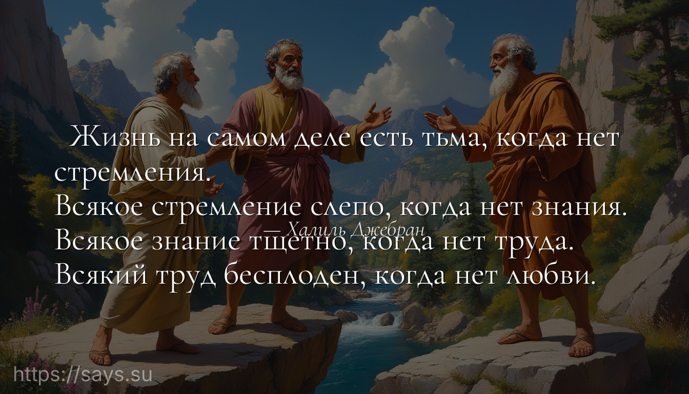 Жизнь на самом деле есть тьма, когда нет стремления. <br />Всякое стремление слепо, когда нет знания. <br />Всякое знание тщетно, когда нет труда. <br />Всякий труд бесплоден, когда нет любви.