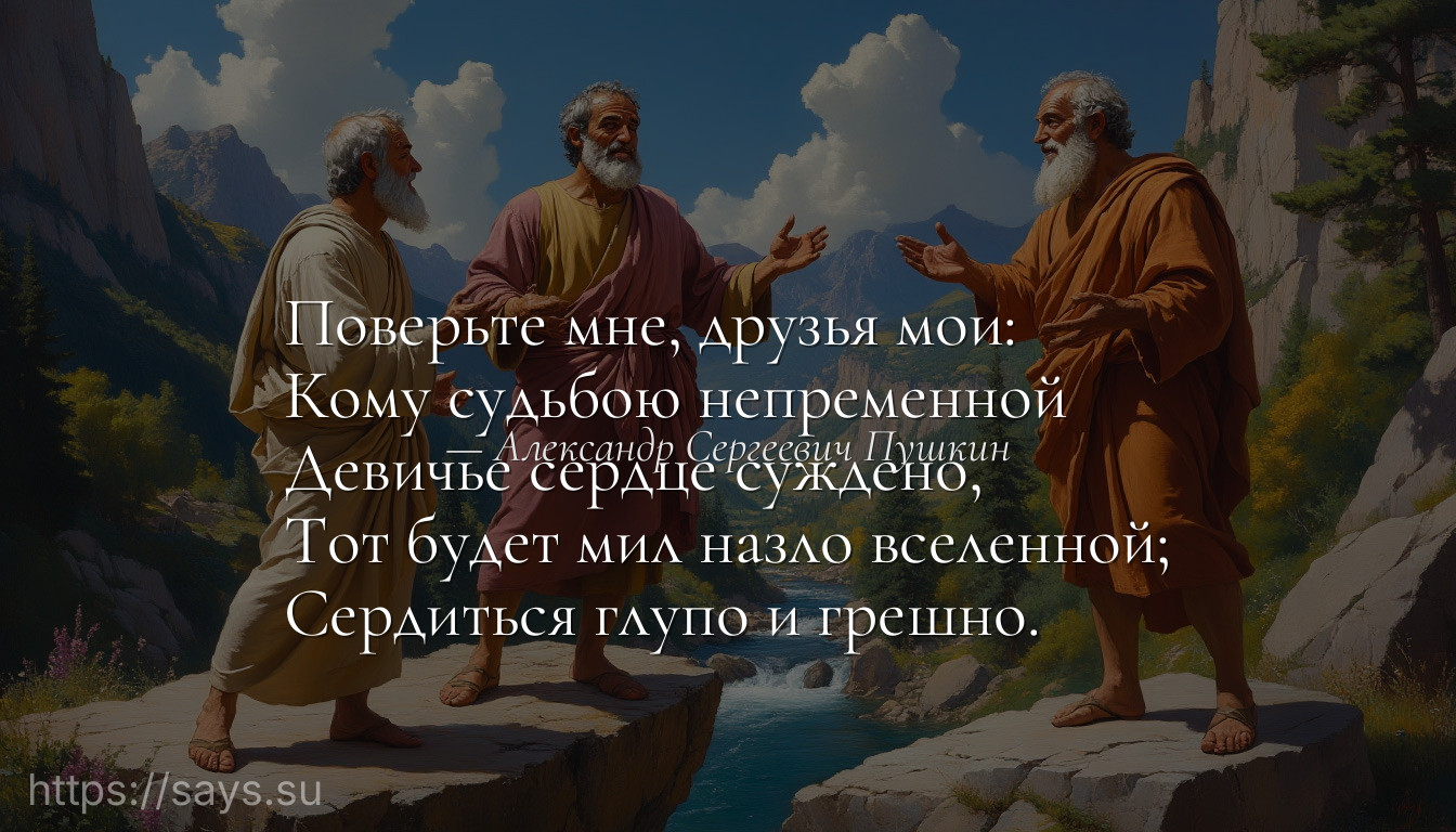 Поверьте мне, друзья мои: <br />Кому судьбою непременной <br />Девичье сердце суждено, <br />Тот будет мил назло вселенной;<br />Сердиться глупо и грешно.